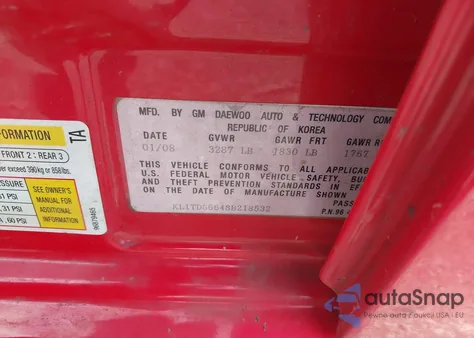 2008 Chevrolet Aveo 5 Ls z USA, uszkodzony, nr VIN KL1TD66648B218532